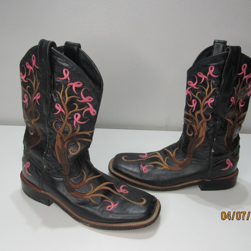 lagrange Western Cowgirl leather black boots 9.5M Women Ribbon Breast Cancer Ed.